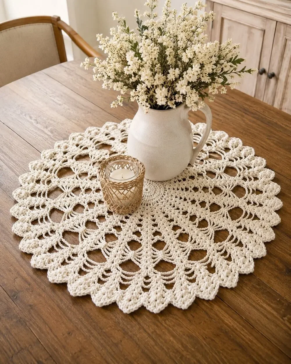 Hand Crocheted Round Table Topper Centerpiece Doily 32” Cream Farmhouse Boho